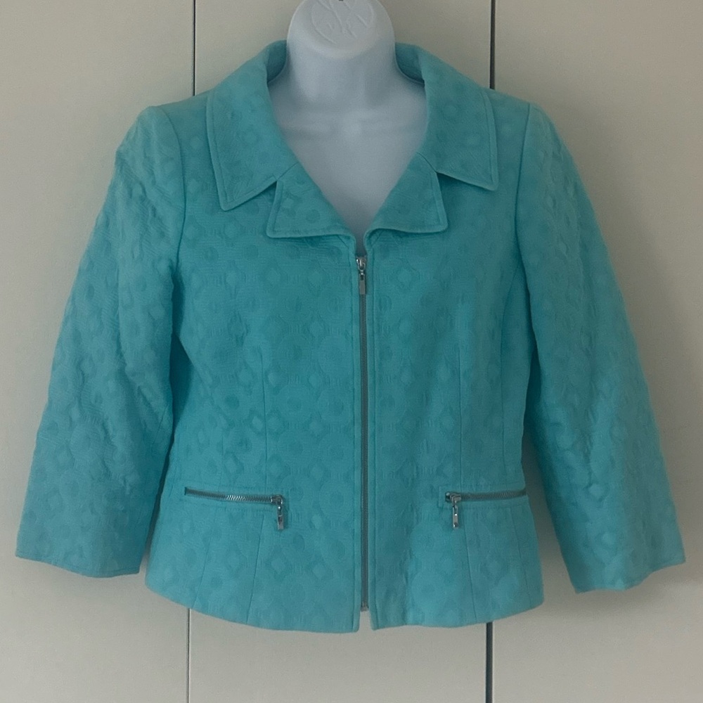 Tahari Cotton zip front textured jacket pockets 4